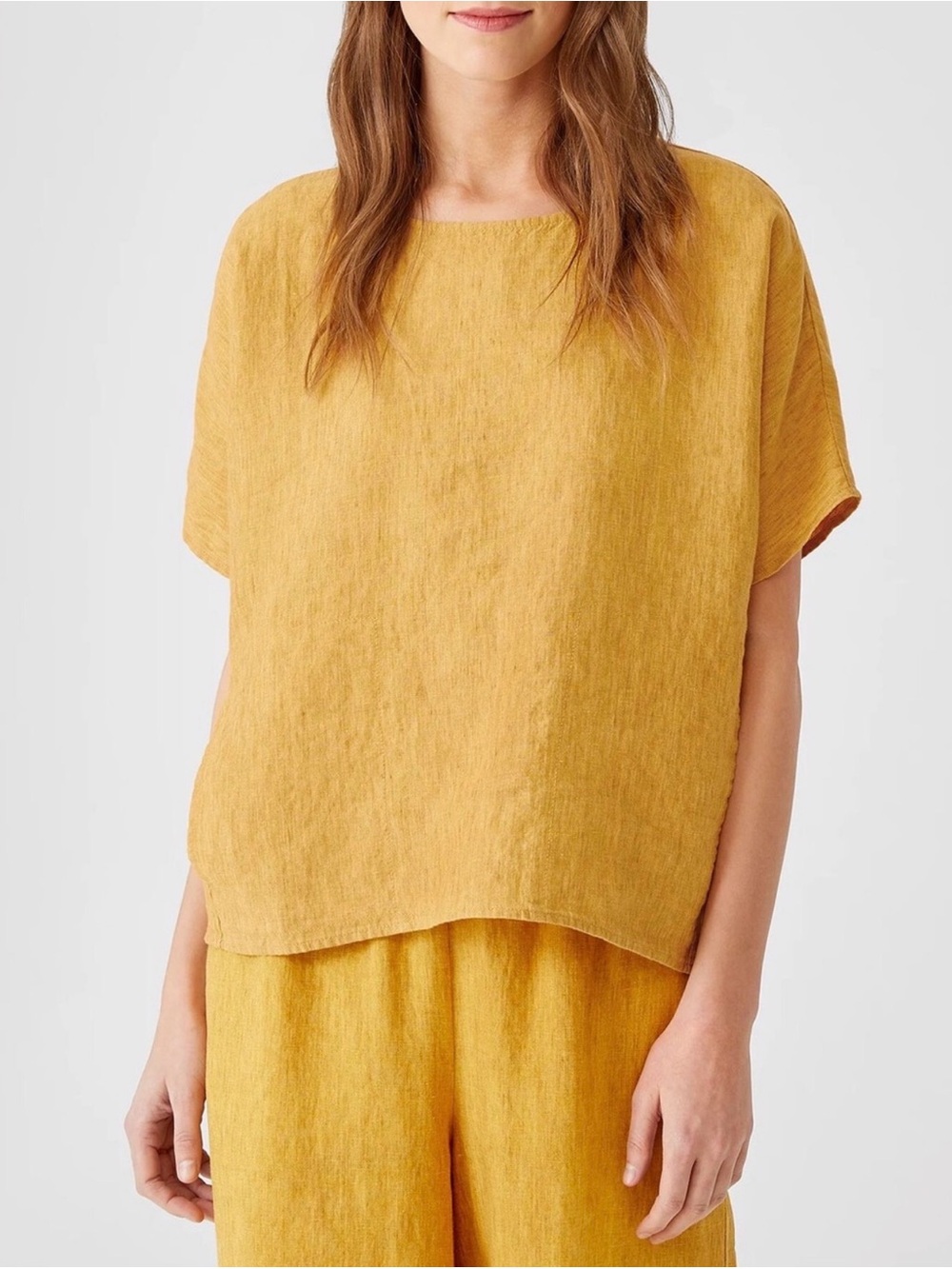 Eileen Fisher Washed Organic Linen Delave Top Large Marigold Yellow Minimalist